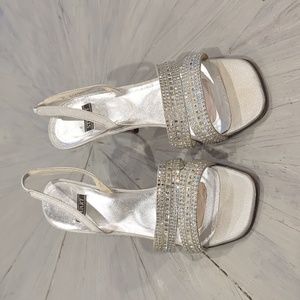 Stuart Weitzman Silver Leather Crystal Beaded Sling Back Heels